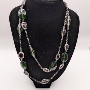 Chaps 36" double wrap necklace with Green and Purple Gem Stones